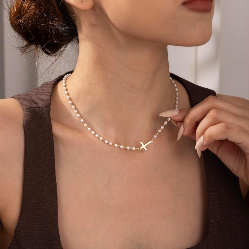 Robaice Pearl Cross Necklace for Women, Eternal Gold Pearl Necklace with Cross Pendant, Dainty Pearls and Cross Necklace Christian Faith Jewelry Gift - Image 2